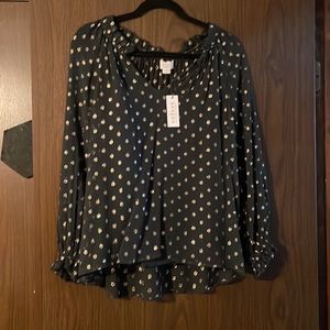 Navy blouse with gold polka dots and navy camisole